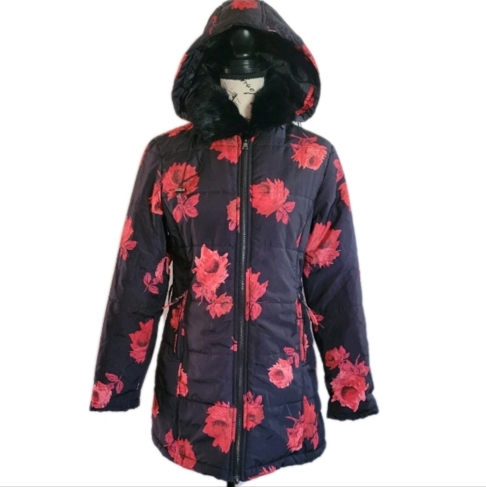 Prada Red Floral Apres Ski Puffer Jacket Real Fur Collar Removable Hood Luxury